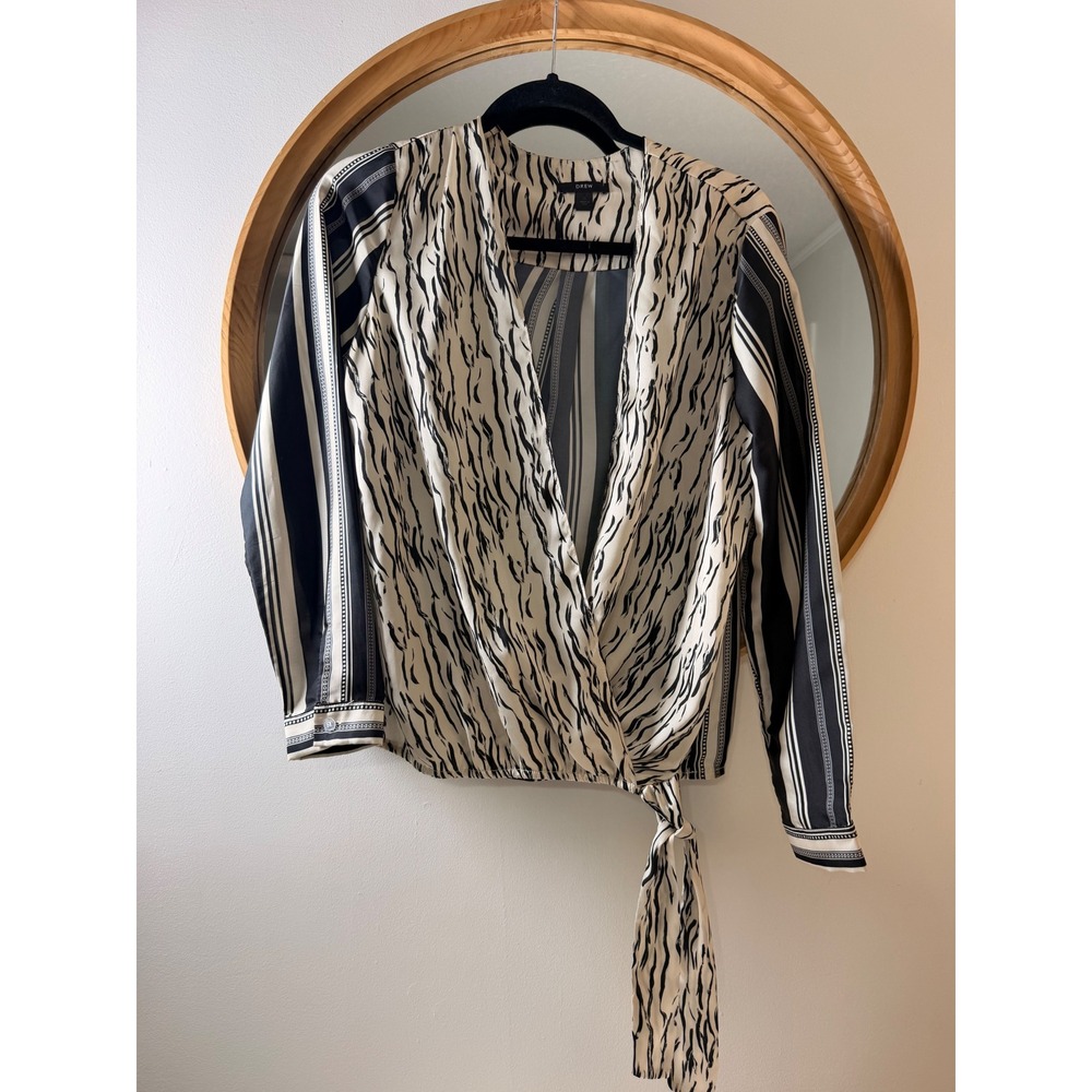 Drew Silk Wrap Blouse Black Cream Excellent Mixed Print Tiger Stripe